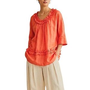 Weekend Max Mara 100% ramie deep coral ruffle quiet luxury tunic blouse top 4